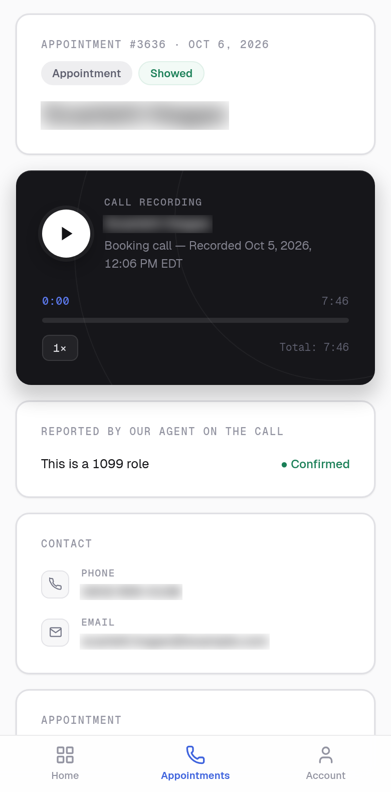 One appointment in the client portal on a phone: the recording of the booking call with its player, and what our agent reported on the call.