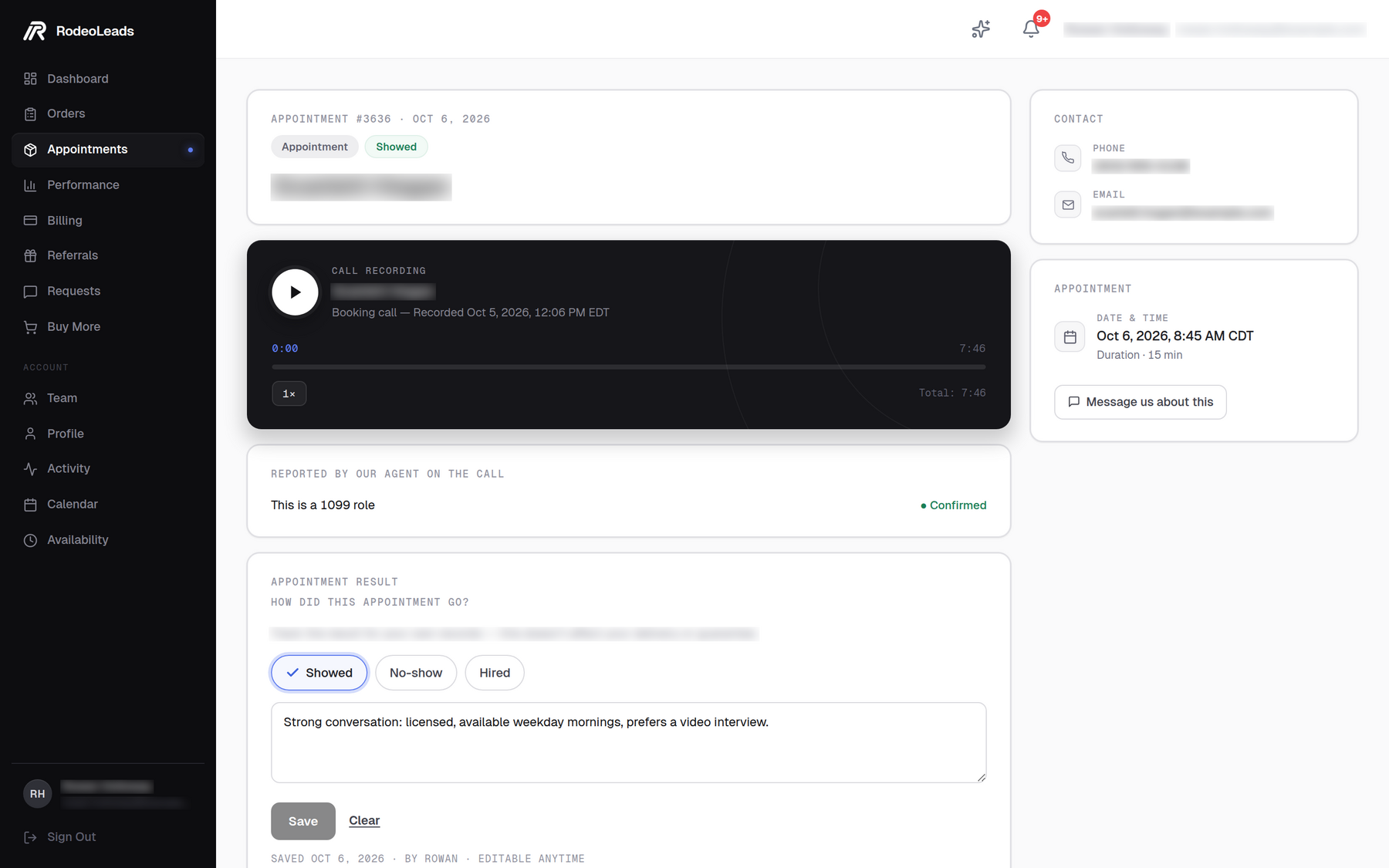 One appointment in the client portal on a laptop: its status, the call recording with its player at the top, and what our agent reported on the call.