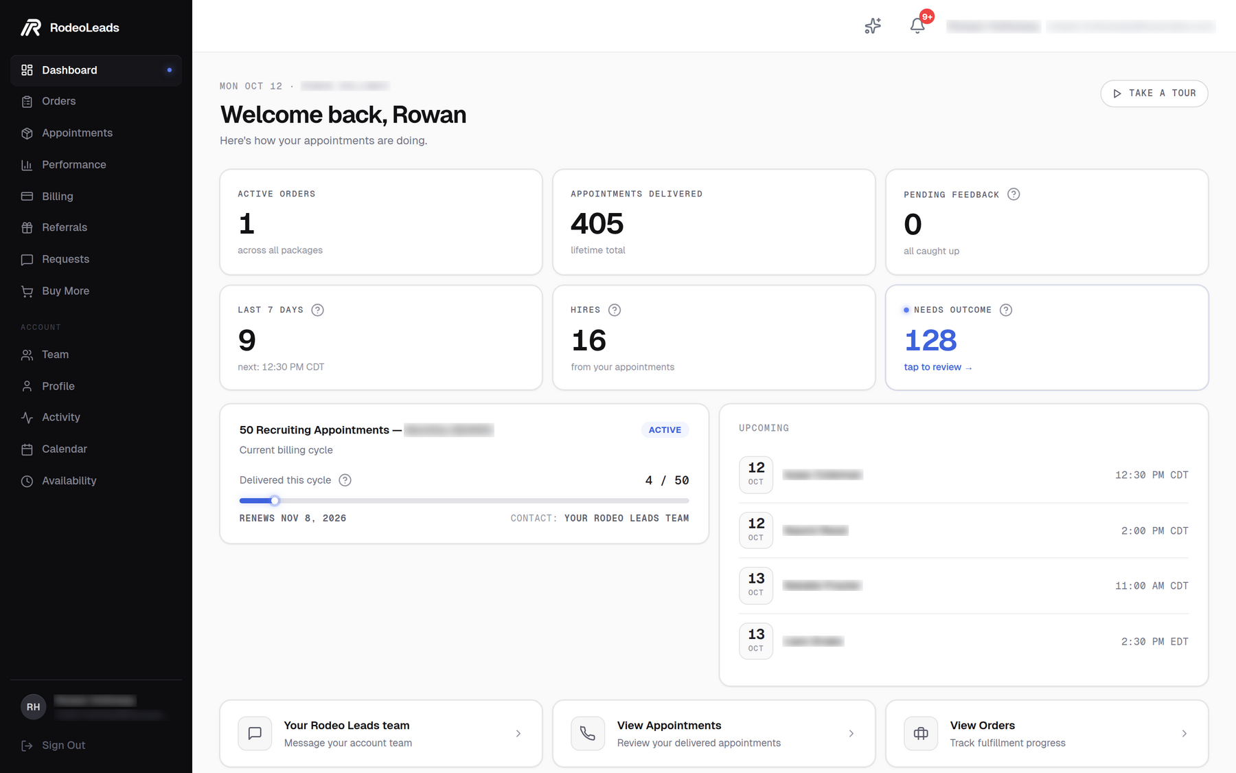 The Dashboard of the client portal on a laptop: active orders, appointments delivered, pending feedback and the last seven days.