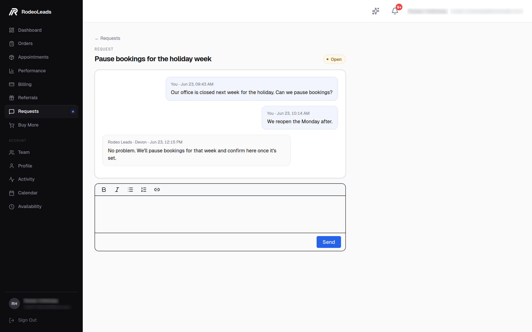 A request thread in the client portal on a laptop: the request, its status and the answer from the account team.