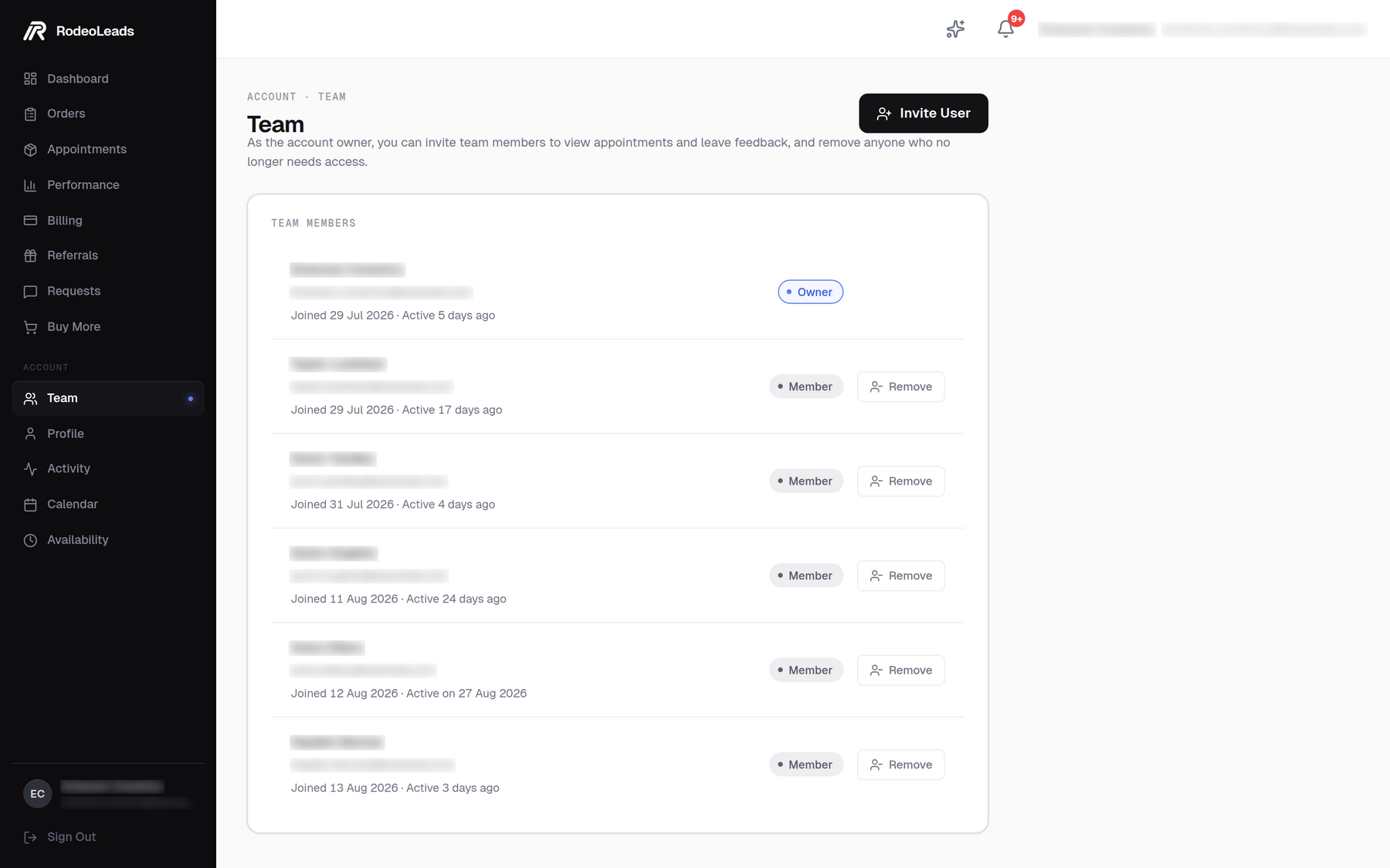 The Team page of the client portal on a laptop: the people in the account and their roles.
