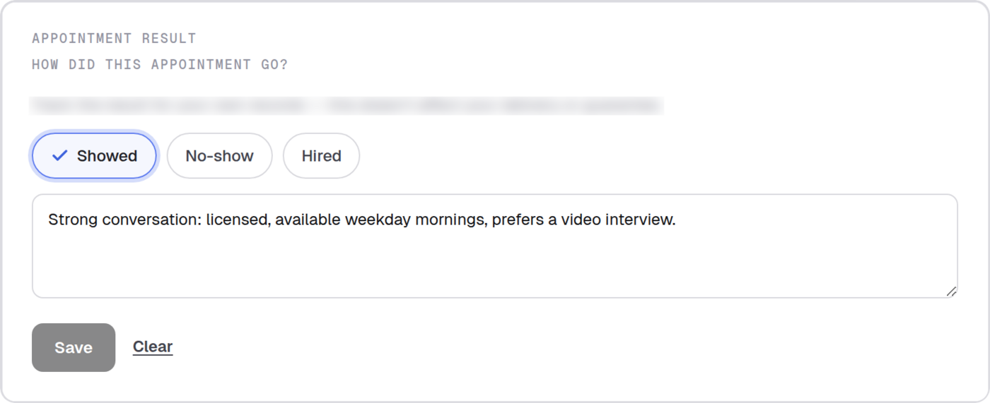 The Appointment result card of the client portal: how the interview went, a note, and Save and Clear.