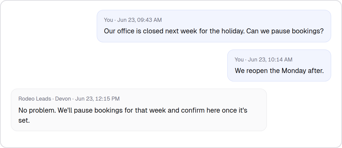A request in the client portal: the thread of messages with your account team.